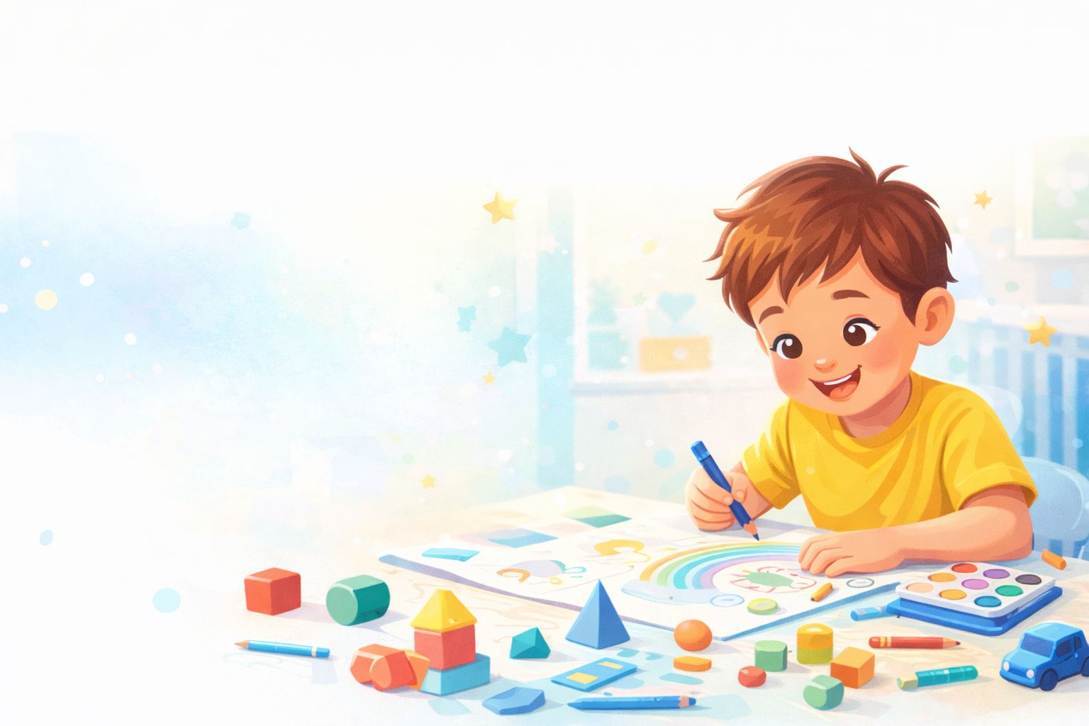 Criança realizando atividade lúdica com materiais coloridos